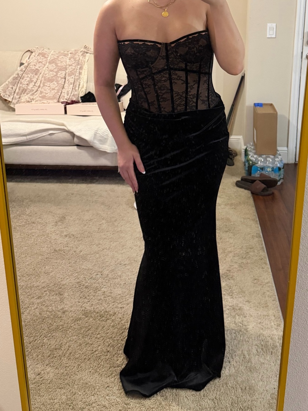 House of CB ayana black lace velvet maxi dress with sleeves - Picture 2 of 4